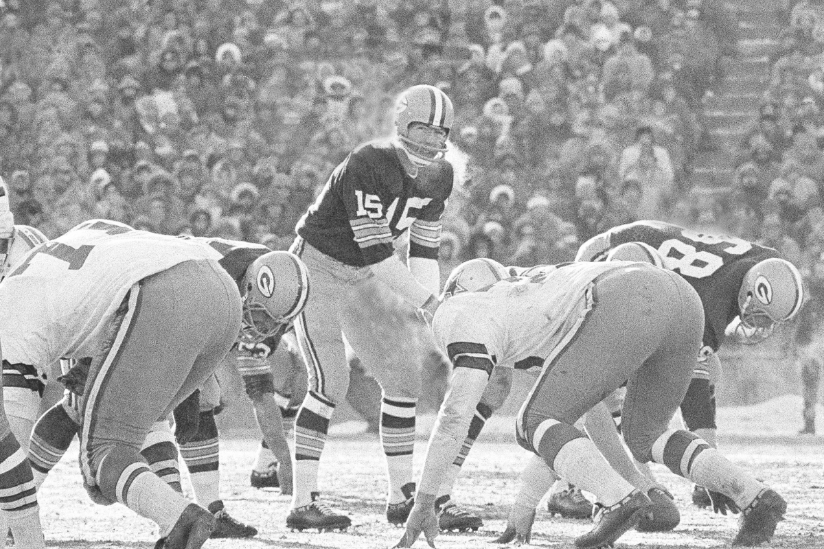 Green Bay Packers QB Bart Starr lines up in "The Ice Bowl" against the Dallas Cowboys.