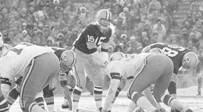 Green Bay Packers QB Bart Starr lines up in "The Ice Bowl" against the Dallas Cowboys.