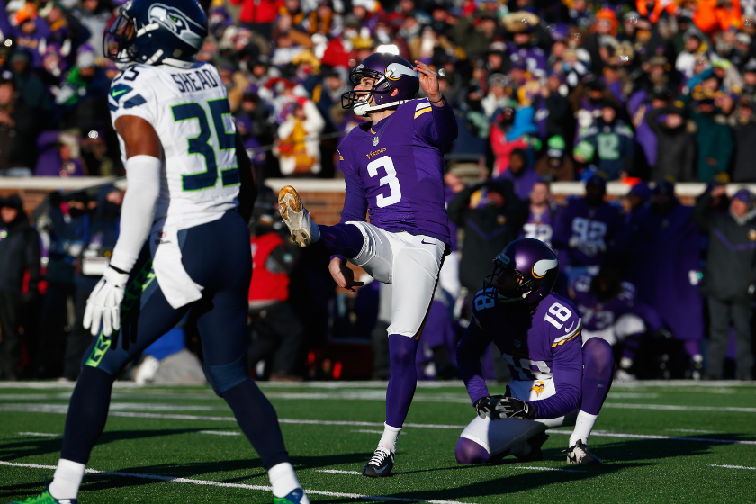 Minnesota Vikings kicker Blair Walsh botches a 27-yard field goal against the Seattle Seahawks in a 2015 NFC Wild Card game.