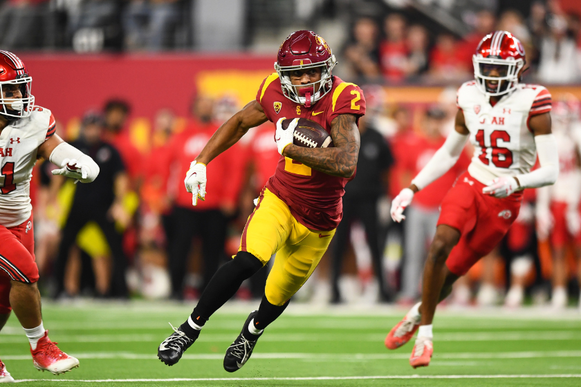 USC Trojans wide receiver Brenden Rice (2) runs after a catch during the Pac-12 Conference championship game between the Utah Utes and the USC Trojans at Allegiant Stadium