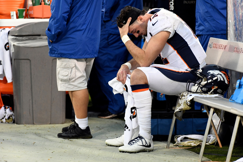 Denver Broncos quarterback Paxton Lynch is frustrated on the sideline against the Oakland Raiders.