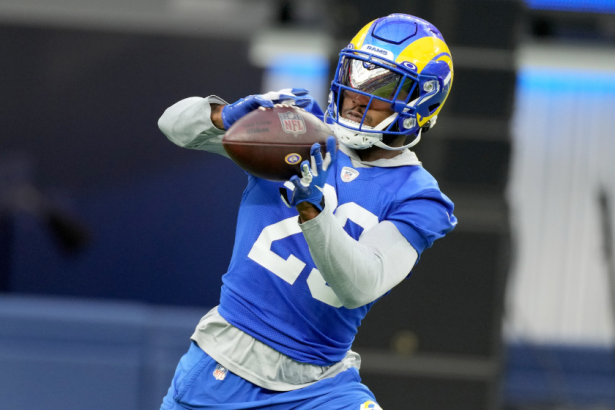 Cam Akers catches a pass during Rams mini camp.