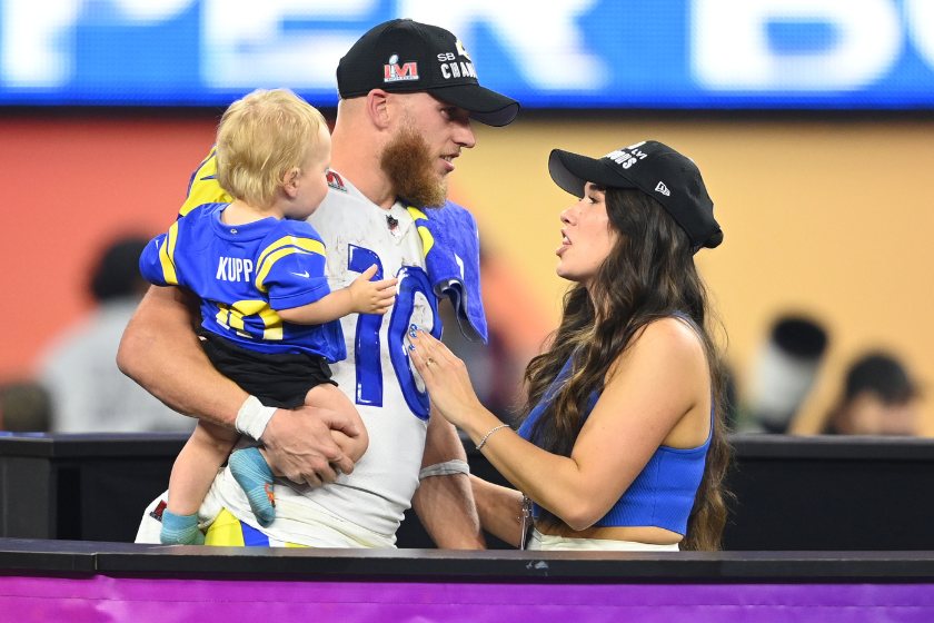 Los Angeles Rams Wide Receiver Cooper Kupp (10) celebrates with his kid, and wife Anna Croskrey after the Los Angeles Rams defeated the Cincinnati Bengals 23-20 in Super Bowl LVI