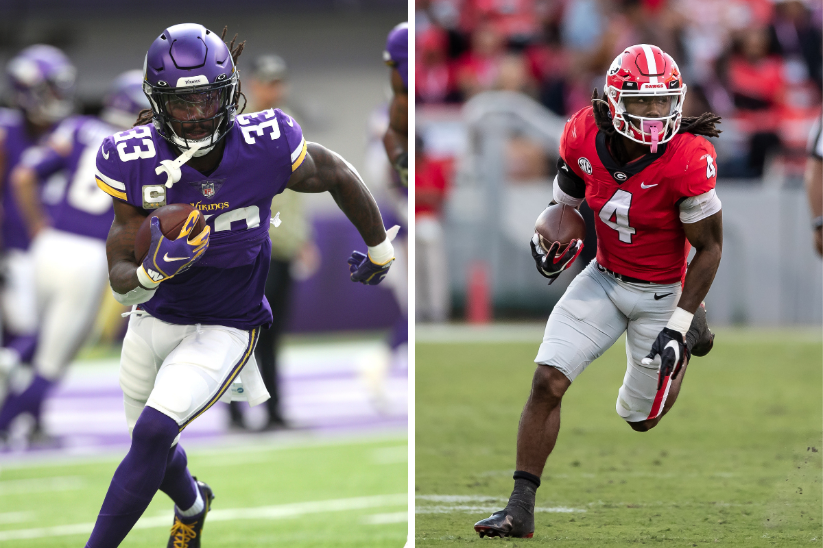 Left: Minnesota Vikings running back Davin Cook warms up against the Green Bay Packers. Right: Georgia running back James Cook carries the ball against Kentucky. 