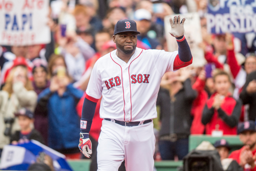 David Ortiz #34 of the Boston Red Sox is introduced during an honorary retirement ceremony in his final regular season game at Fenway Park