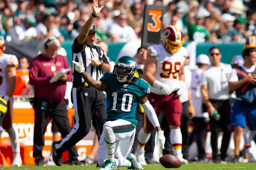 Philadelphia Eagles receiver DeSean Jackson celebrates a first down against the Washington Redskins.