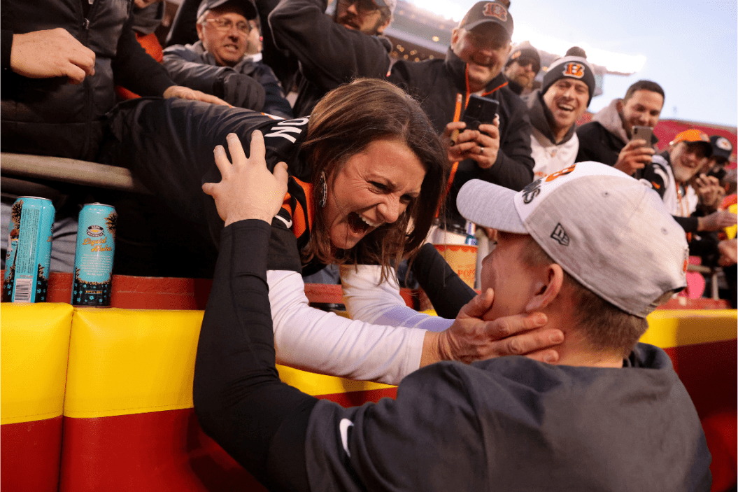 Cincinnati Bengals kicker Evan McPherson celebrates a win over the Kansas City Chiefs in the AFC Championship Game with his mom Amber.