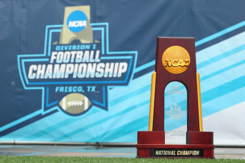 The natioanl championship trophy awaits a new owner prior to the game between Sam Houston State and South Dakota State.