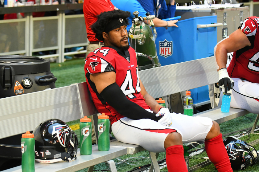 Atlanta Falcons linebacker looks on as his team loses to the Los Angeles Rams in 2019.