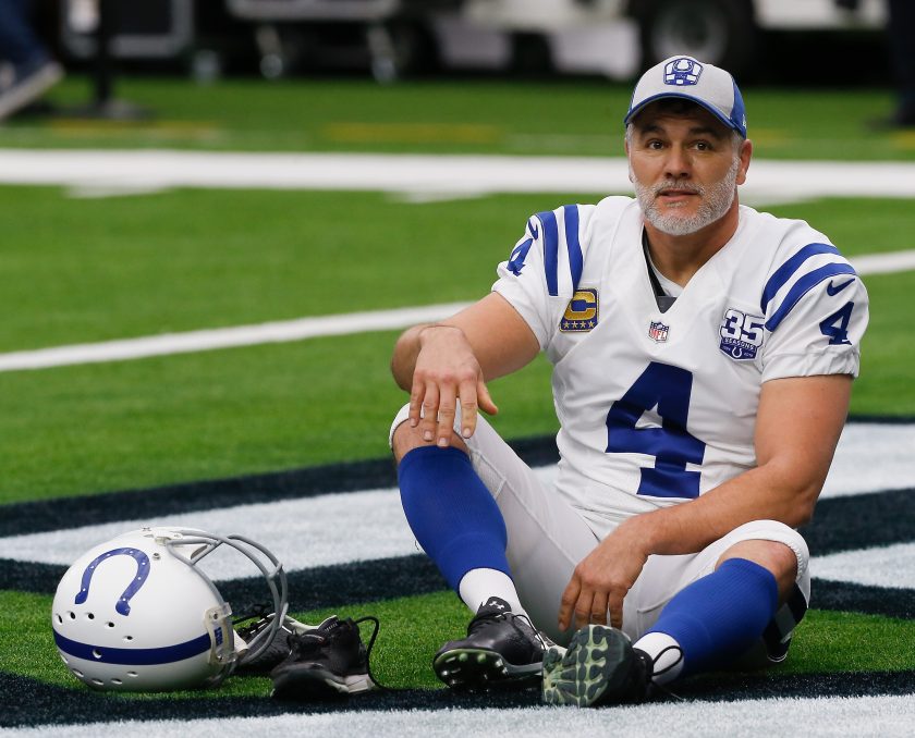 Adam Vinatieri warms up before playing the Houston Texans in the Wild Card Round at NRG Stadium on January 5, 2019.