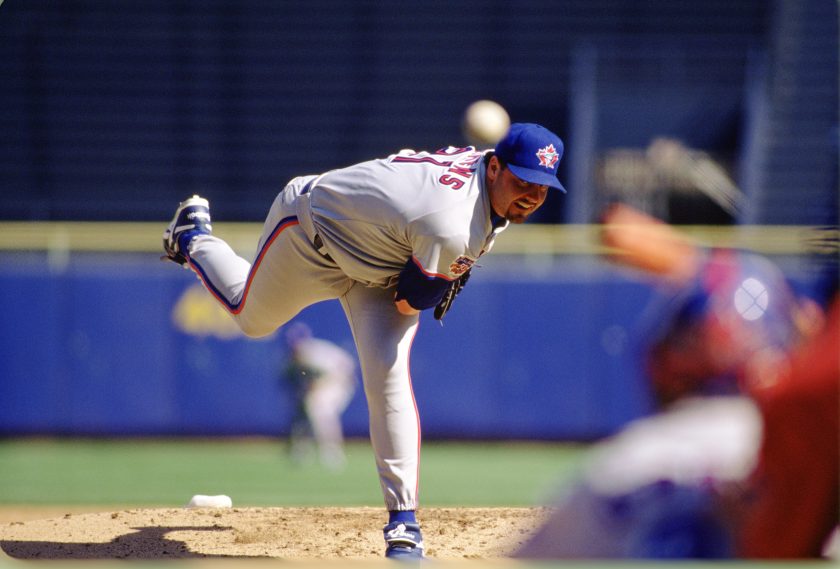 Roger Clemens pitches for the Blue Jays.