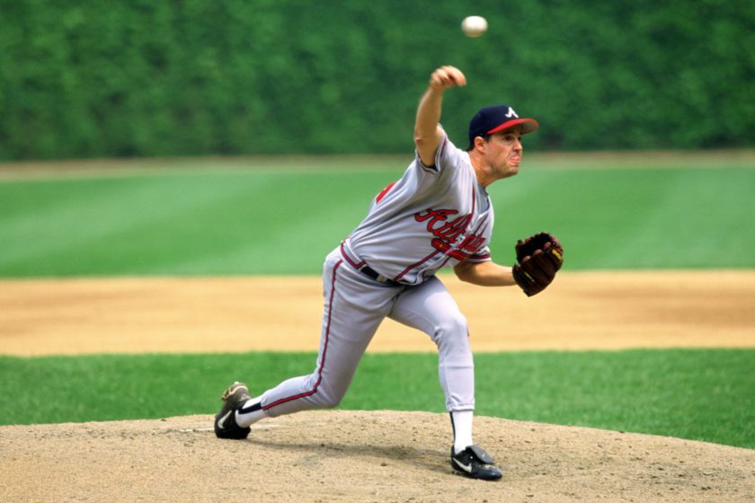 Greg Maddux throws a pitch for the Atlanta Braves at Wrigley Field.