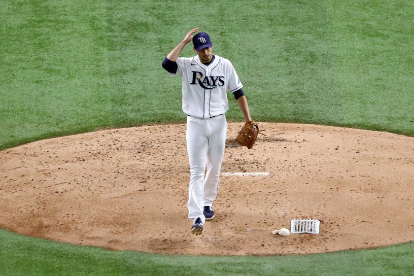 Charlie Morton walks on the mound for the Tampa Bay Rays.