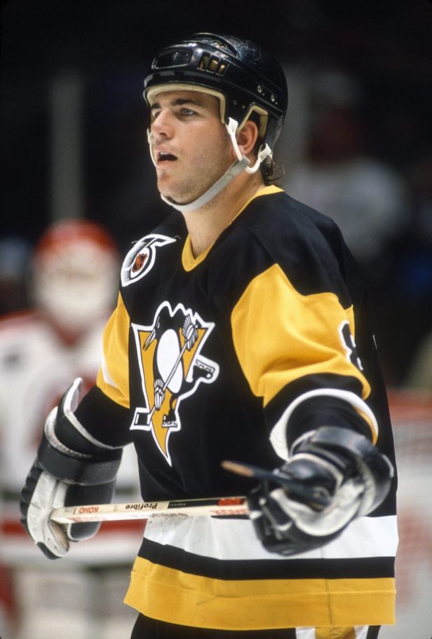 A Pittsburgh Penguins player looks on during a game.