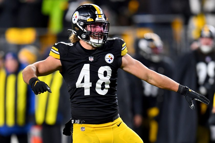A Pittsburgh Steelers linebacker celebrates during a game.