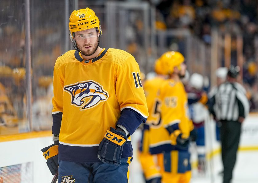 A Nashville Predators looks on during an NHL game.
