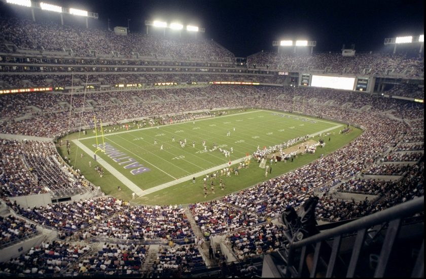 General view of the stadium during a pre-season game between the Baltimore Ravens and the Philadelphia Eagles at Camden Yards in 1998.