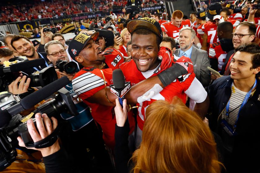 Cardale Jones celebrates Ohio State's 2015 National Championship game win.