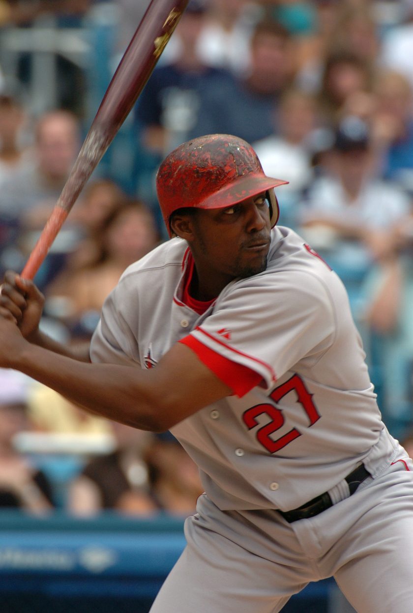Vladimir Guerrero swings at a pitch with the Los Angeles Angels.