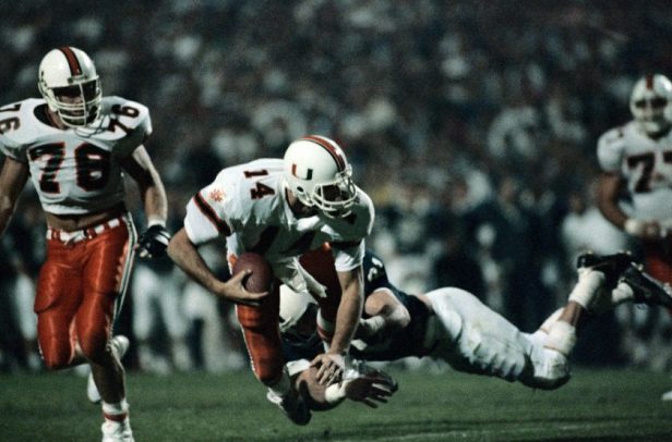 A Miami player gets tackled during the 1987 Fiesta Bowl. 
