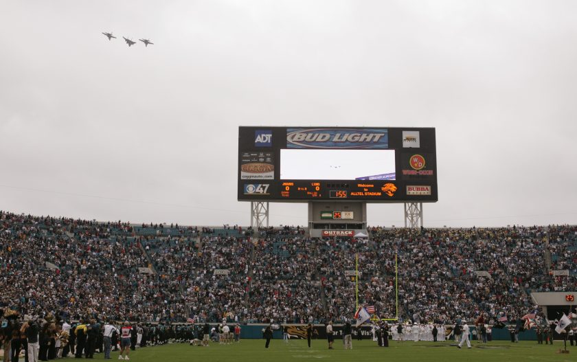 Jets fly overhead before the Detroit Lions play the Jacksonville Jaguars at Alltel Stadium on November 14, 2004.