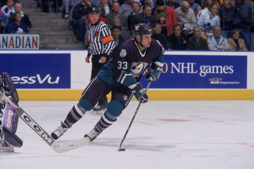 An Anaheim Ducks player skates during a game.