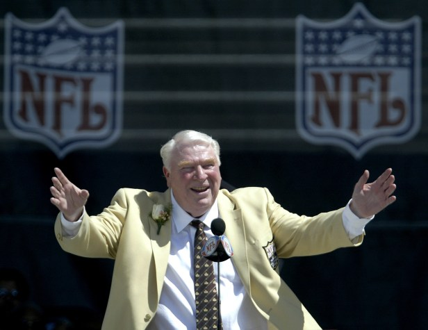 Oakland Raiders head coach John Madden addressing the crowd during his Pro Football Hall of Fame induction.
