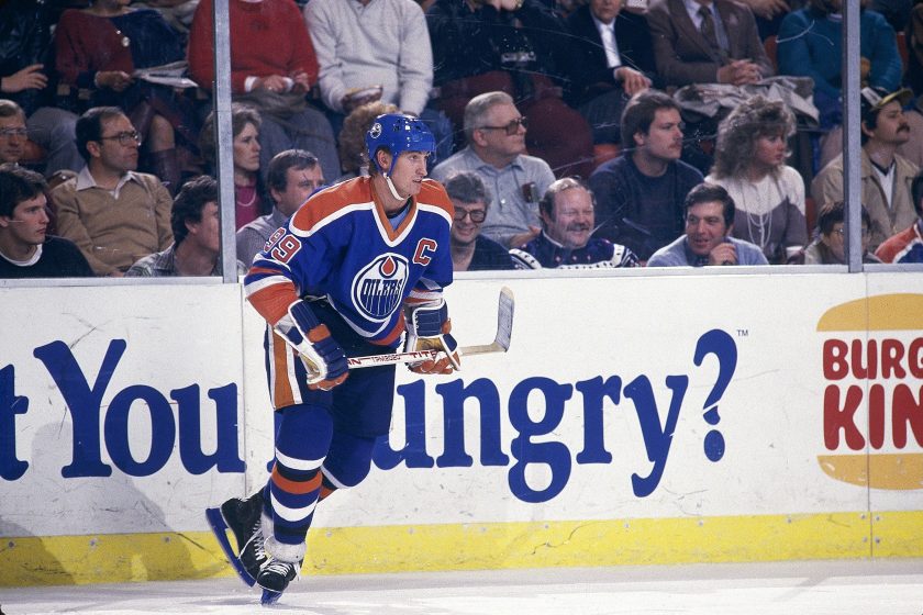 An Edmonton Oilers player skates during a game.
