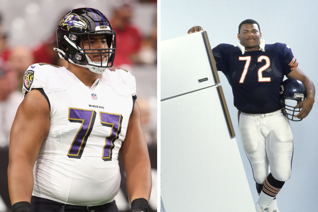 Offensive tackle Daniel Faalele #77 of the Baltimore Ravens warms up during the NFL preseason game, William Perry, Chicago Bears defensive tackle aka, William " Refrigerator" Perry poses with a refrigerator.