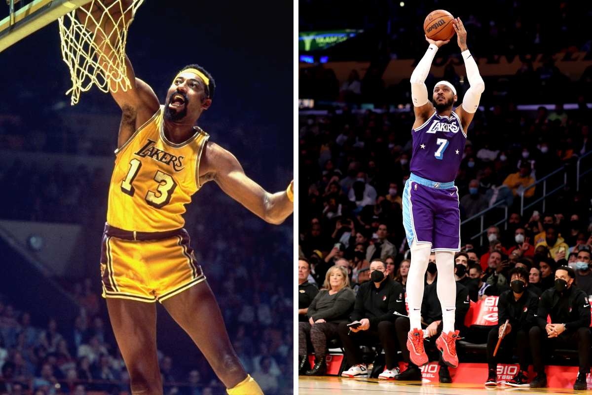 Wilt Chamberlain dunks in the 1973 NBA Finals (left). Carmelo Anthony shoots against the Portland Trail Blazers (right)