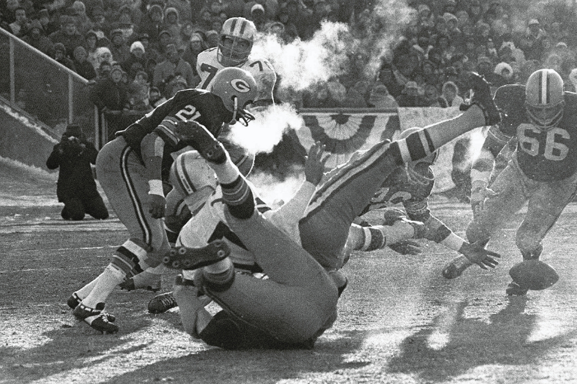 Dallas Cowboys quarterback Don Meredith fumbles in the third quarter of "The Ice Bowl."