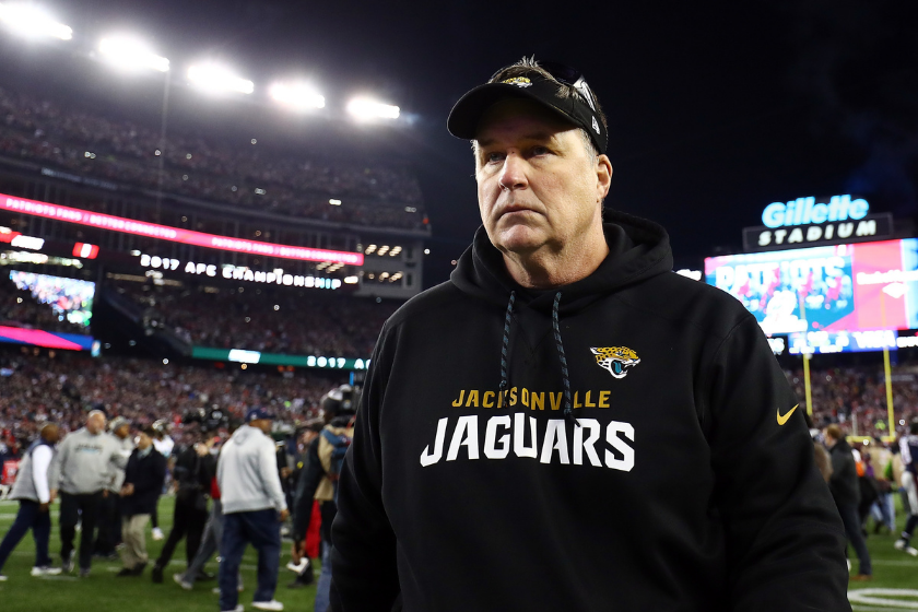 Jacksonville Jaguars head coach Doug Marone walks off the field after losing to the New England Patriots in the 2018 AFC Championship Game.