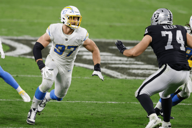 Los Angeles Chargers defensive end Joey Bosa rushes the quarterback against the Las Vegas Raiders.