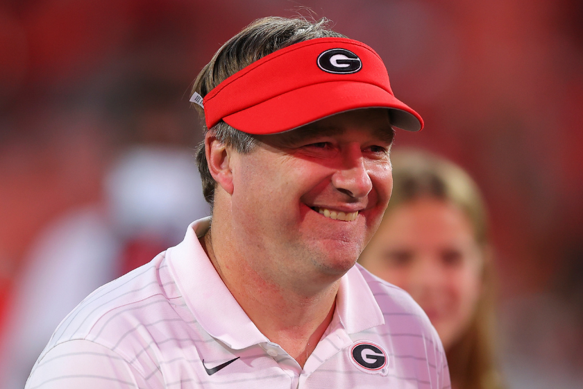 Georgia head coach Kirby Smart smiles after beating Kentucky in 2021.
