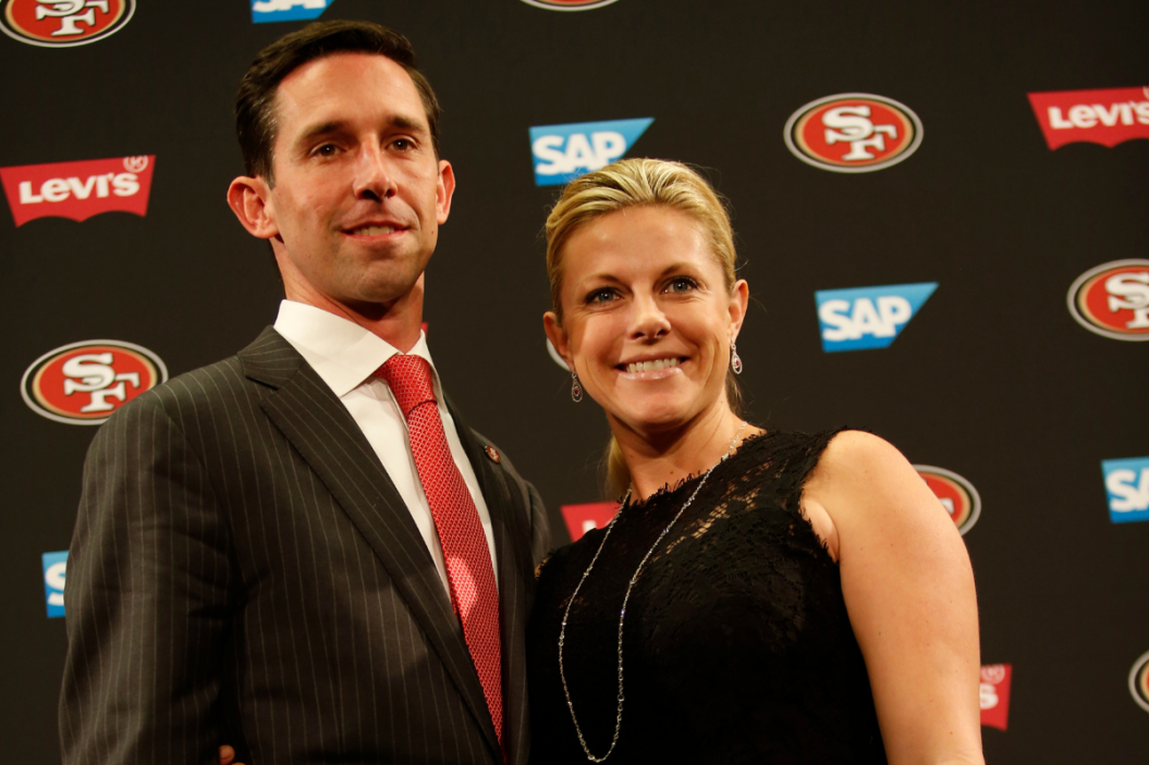 San Francisco 49ers head coach Kyle Shanahan at his introductory press conference with his wife Mandy.