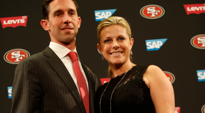 San Francisco 49ers head coach Kyle Shanahan at his introductory press conference with his wife Mandy.