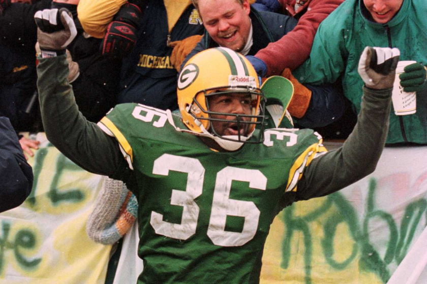 LeRoy Butler of the Green Bay Packers celebrates with the Lambeau Field fans
