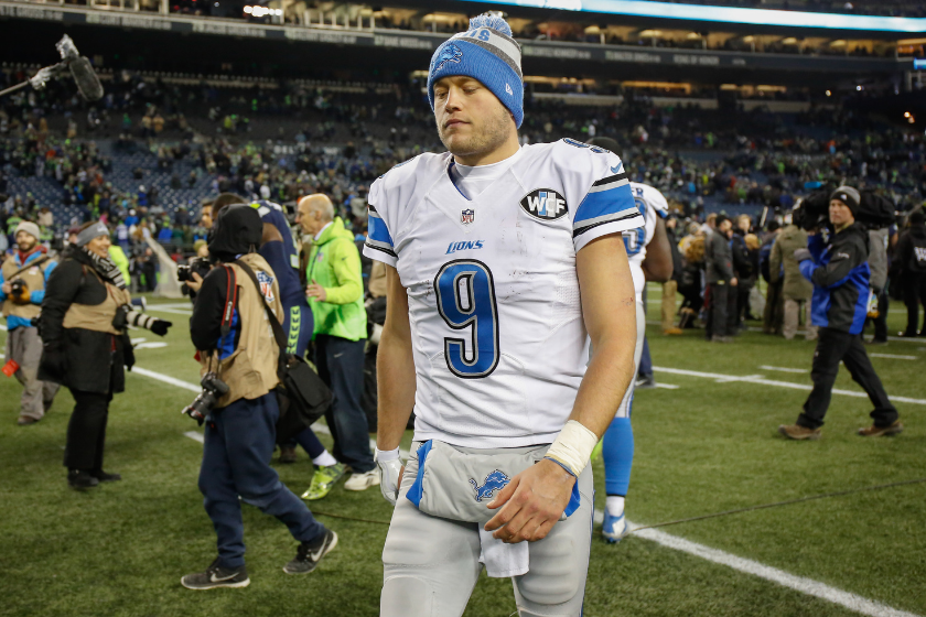 Detroit Lions quarterback Matthew Stafford walks off the field after falling to the Seattle Seahawks in the 2017 NFC Wild Card round.