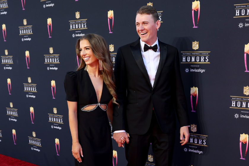 Mac Jones and Sophie Scott arrive for the NFL Honors show at the YouTube Theater