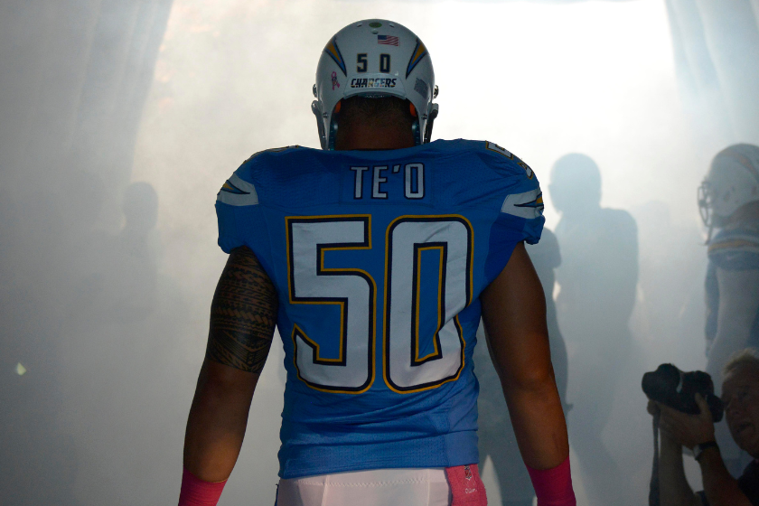 Manti T'eo #50 of the San Diego Chargers prepares to run onto the field before their game against the Indianapolis Colts