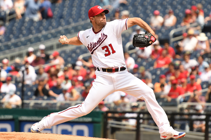 Max Scherzer #31 of the Washington Nationals pitches in the first inning during a baseball game against the San Diego Padres at Nationals Park 