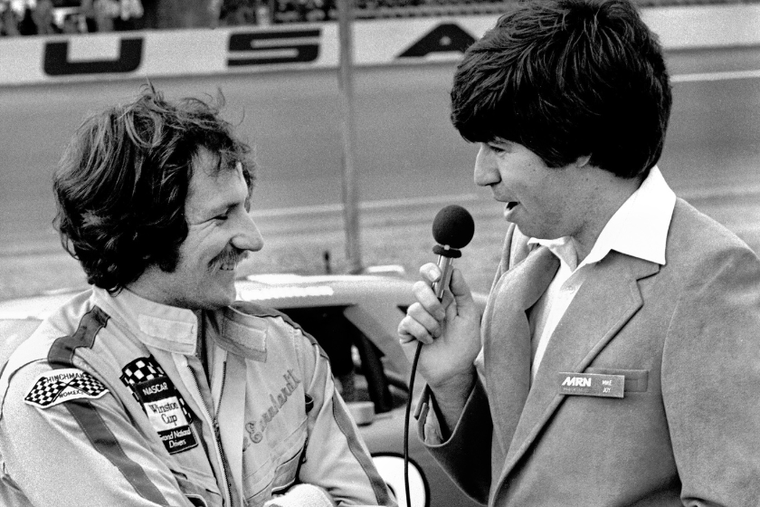 Mike Joy interviews Dale Earnhardt Sr. prior to the start of the 1982 Daytona 500 on February 14