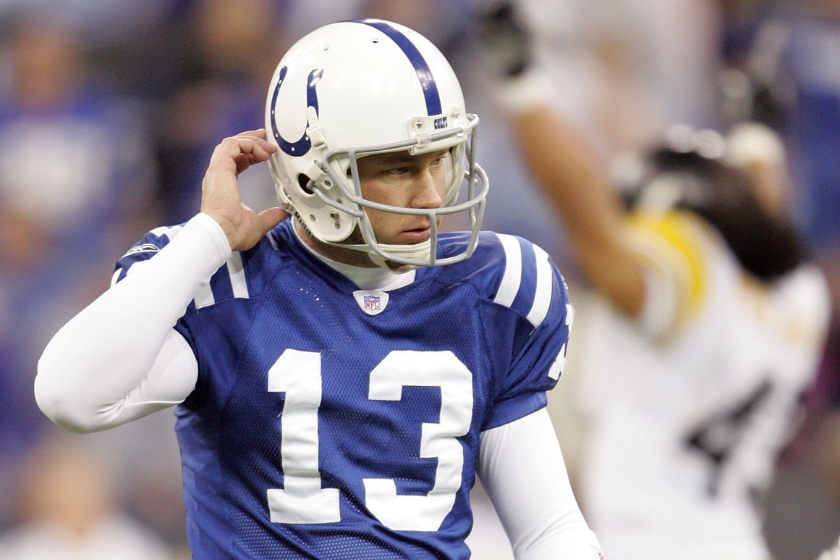Indianapolis Colts kicker Mike Vanderjagt in disbelief after missing a game-tying field goal against the Pittsburgh Steelers in the 2005 AFC Divisional Round.