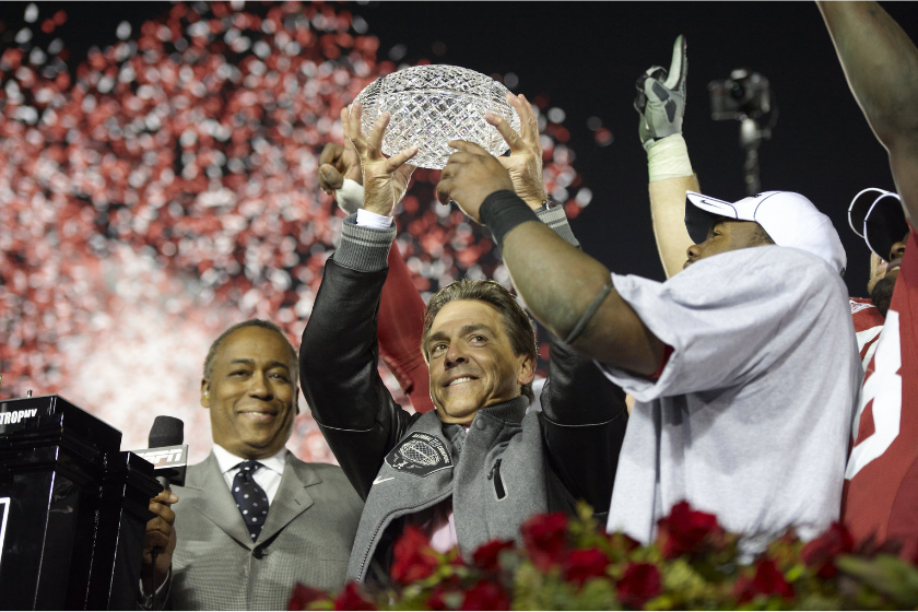 Alabama head coach Nick Saban celebrates his first national championship at Alabama.