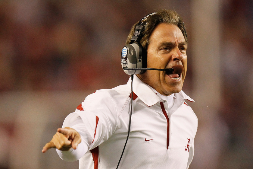 Alabama head coach Nick Saban has a word with officials in a game against Ole Miss in 2010.