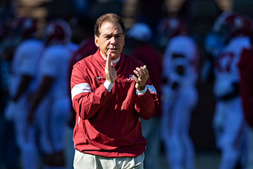 Alabama head coach Nick Saban oversees warmups before a game against Mississippi State in 2019.