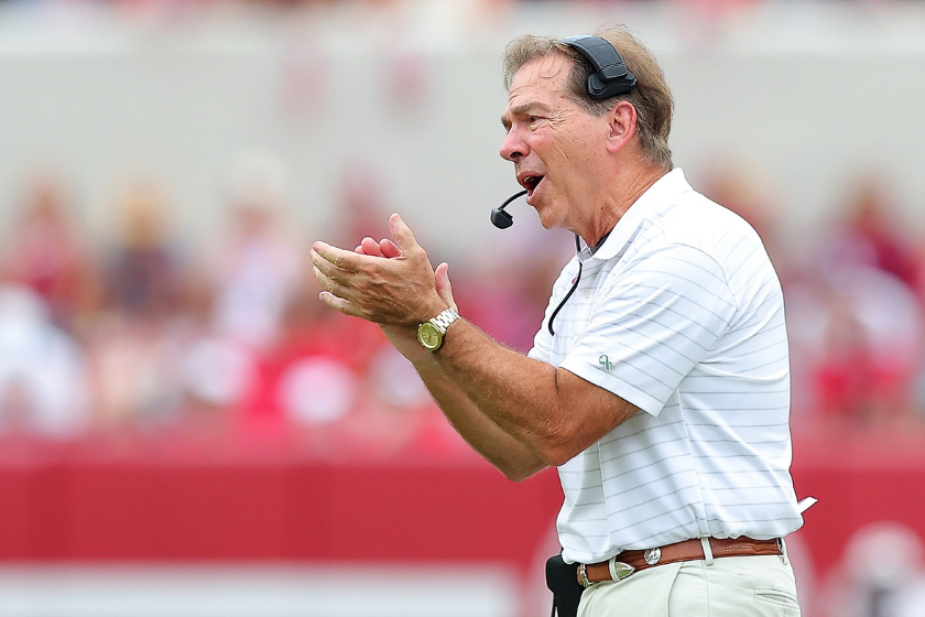 Alabama head coach Nick Saban cheers on his team against Mississippi State in 2021.