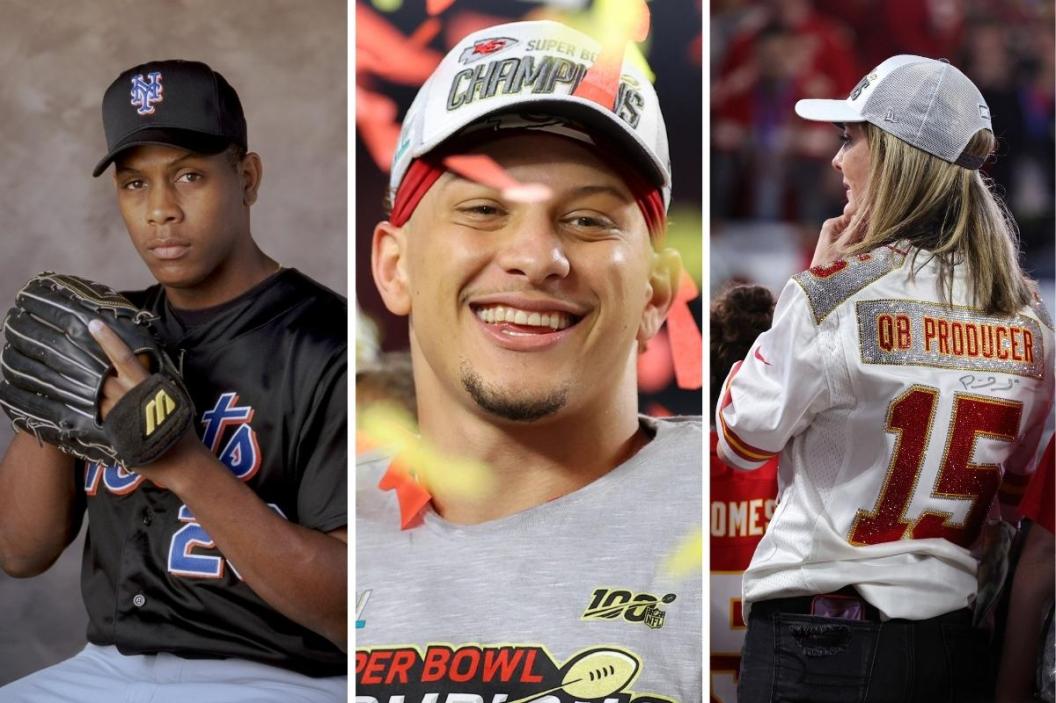 Patrick Mahomes pitches for the New York Mets, Patrick Mahomes celebrates winning the Super Bowl, And Randi Martin watches her son celebrsate with his teammates.