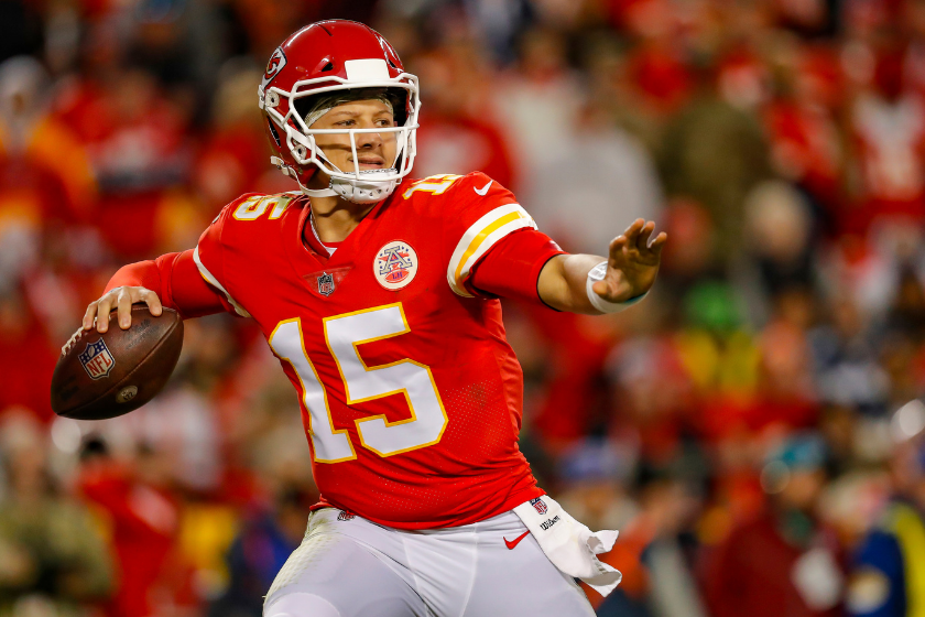 Patrick Mahomes loads up to throw as the Kansas City Chiefs take on the Dallas Cowboys.