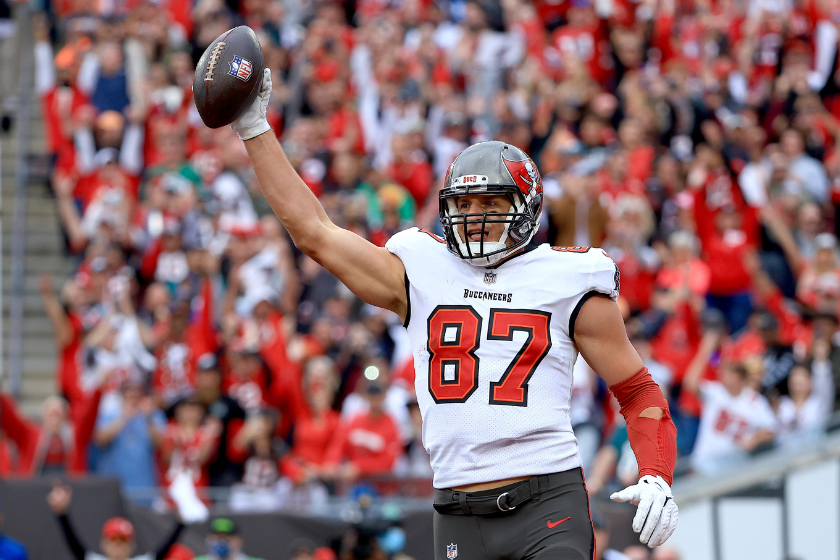 Rob Gronkowski celebrates a touchdown for the Tampa Bay Buccaneers